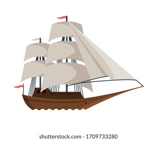 Vintage Sailing Ship, Old Wooden Boats with White Sails, Side View, Water Transport, Sea or Ocean Transportation Vector Illustration