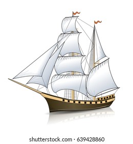 vintage sailing ship with reflection on a white background
