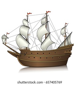 Vintage Ship Sails Sea On White Stock Vector (Royalty Free) 634795340 ...