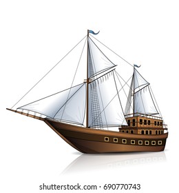 vintage sailing ship with reflection on a white background