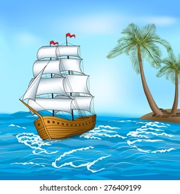 vintage sailing ship in the sea against the backdrop of palm trees and sky