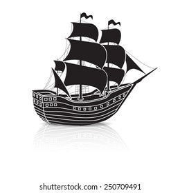 vintage sailing ship at sea on a white background