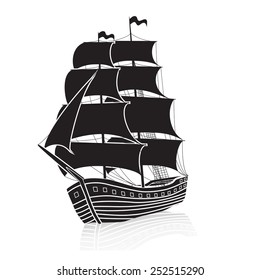 vintage sailing ship at sea on a white background
