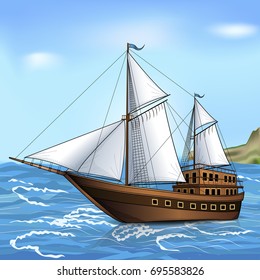 vintage sailing ship in the sea with reflection