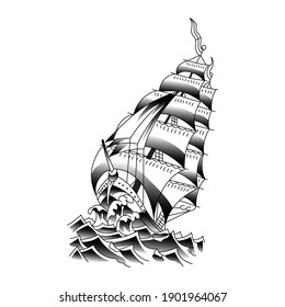 Vintage sailing ship. Tattoo vector collection. Ship in storm, Seafaring, sailer concept. Sketch vector illustration.