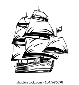 Vintage sailing ship vector illustration. Monochrome classical sailboat. Nautical world or maritime navigation concept for labels or emblems templates
