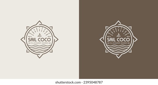 Vintage sailing ship and wave emblem vector logo design with compass