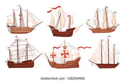 Vintage Sailing Ships Collection, Old Wooden Boats with White Sails Vector Illustration