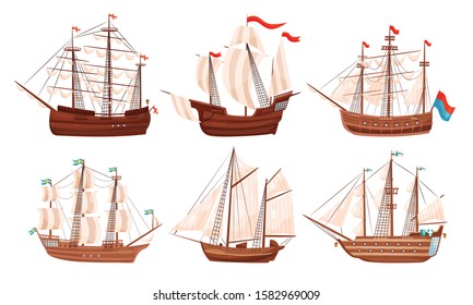 Vintage Sailing Ships Collection, Old Wooden Boats with White Sails and Flags Vector Illustration