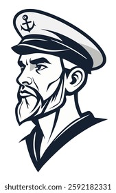 Vintage sailor half profile with beard and hat featuring an anchor, for nautical themed art and tattoo ideas.