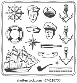 Vintage sailor naval icon set in monochrome style illustration