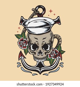 Vintage Sailor Skull With Rose And Anchor Illustration Traditional Tattoo Style