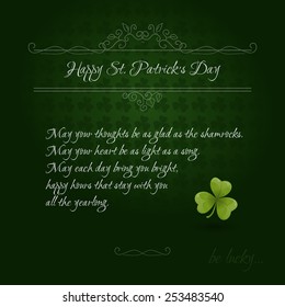 Vintage Saint Patrick's Day Card with green clover leaf and Irish blessings on green background. Vector illustration EPS 10