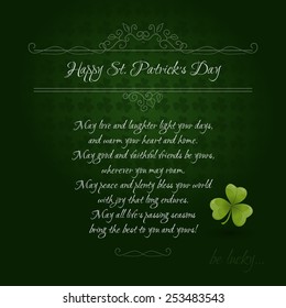 Vintage Saint Patrick's Day Card with green clover leaf and Irish blessings. Vector illustration EPS 10