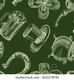Vintage Saint Patricks Day seamless pattern with hand drawn traditional elements on green background vector illustration