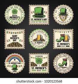 Vintage Saint Patricks Day stamps set with leprechaun hat shoe pot of coins beer clover rainbow isolated vector illustration