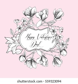 Vintage  Saint Valentine Background with flowers. Hand drawn elements. Vector illustration