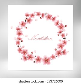 Vintage sakura frame. Pink sakura flowers of cherry blossom in circle frame. Modern vector for fashion design