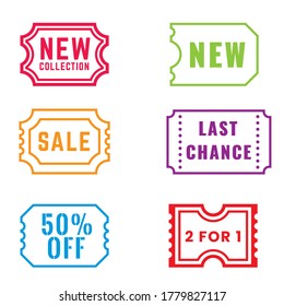 Vintage sale badge stickers. Vector outline stroke illustration labels for online shopping, product promotions, website and mobile  special offers, new collection and discount, ads.