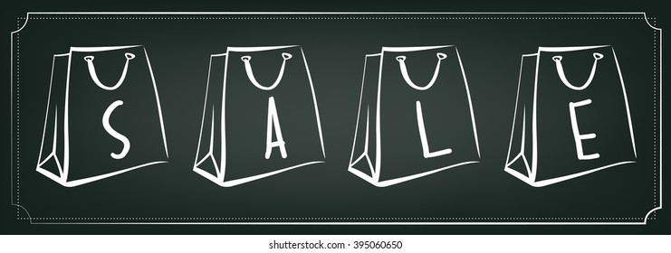 Vintage sale illustration. Chalkboard, chalk lettering, paper shopping bags. Retro poster, white contours. Vector image. 