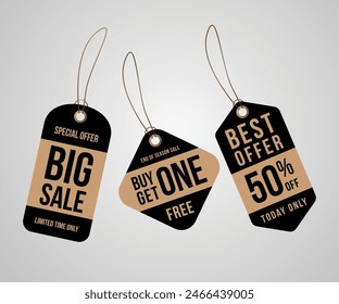 Vintage Sale Tag Collection, Set of Sale Labels, Discount, Promotion, Sale Banner, Black and Brown Color 