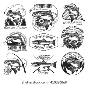 Vintage Salmon Fishing emblems, labels and design elements. Vector illustration.