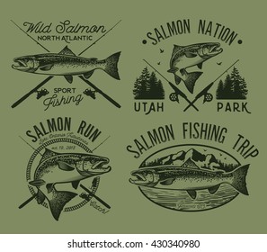 Vintage Salmon Fishing emblems, labels and design elements. Vector illustration.