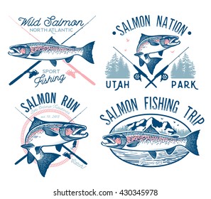 Vintage Salmon Fishing emblems, labels and design elements. Vector illustration.