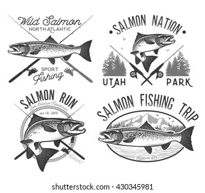 Vintage Salmon Fishing emblems, labels and design elements. Vector illustration.