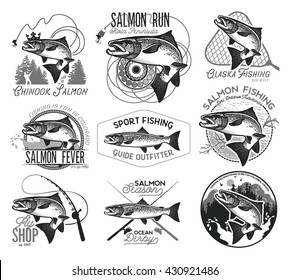 Vintage Salmon Fishing emblems, labels and design elements. Vector illustration.