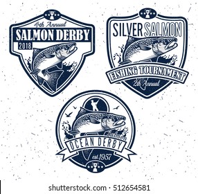 Vintage Salmon Fishing emblems, labels and design elements. Vector illustration.