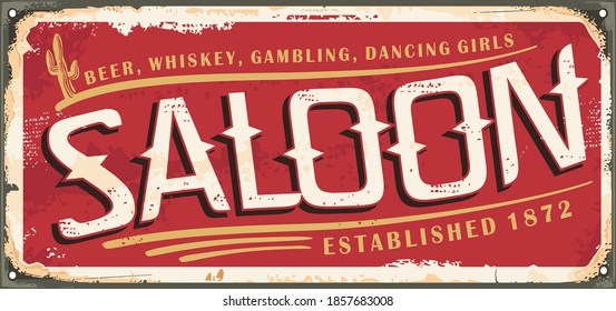 Vintage saloon sign template from 19th century. Retro rusty metal signboard for wild west drinks and gambling establishment. Vector bar illustration.