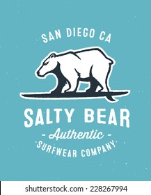 Vintage 'Salty Bear' t-shirt apparel print fashion design, graphic tee, vector illustration of bear on surfboard