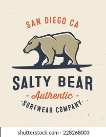 Vintage 'Salty Bear' t-shirt apparel print fashion design, graphic tee, vector illustration of bear on surfboard, Surfing Inspired Art