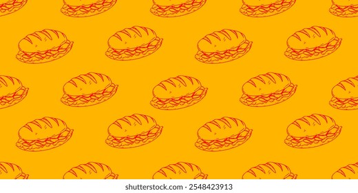 Vintage Sandwich Doodle Pattern Background. Stuffed Bread pattern background. Sandwich Vintage pattern Design. 