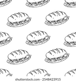 Vintage Sandwich Doodle Pattern Background. Stuffed Bread pattern background. Sandwich Vintage pattern Design. 