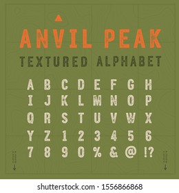 Vintage sans serif topographic alphabet. Retro textured typeface. Vector Illustration.