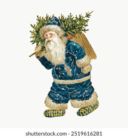 Papai Noel Vintage com árvore de Natal. Feliz Papai Noel em azul levar presentes de Natal e árvore. Ilustração festiva do Papai Noel azul vintage com saco de presente e árvore de Natal vintage