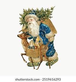 Vintage Weihnachtsmann mit Weihnachtsbaum und Spielzeug. Glücklicher Weihnachtsmann in Blau trägt Weihnachtsgeschenke mit Rentieren. Festliche Illustration des Vintage-Weihnachtsmanns mit Geschenktüte und Vintage-Weihnachtsbaum