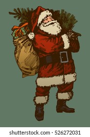 Vintage Santa Claus Drawing. Retro Card Colors Santa. Old Fashioned Christmas Vector Image.