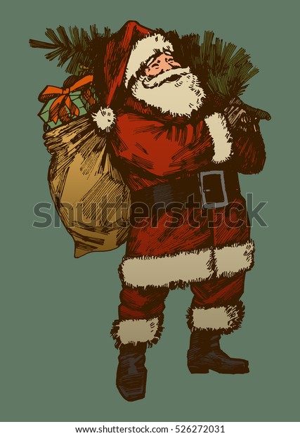 Vintage Santa Claus Drawing Retro Card Holidays Objects