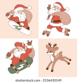 Vintage Santa Claus on roller skate, skate board and snowboard. Hand drawn vector characters. Perfect for tee-shirt logo, greeting card, sticker, clip art or nursery decor. EPS10 vector file.