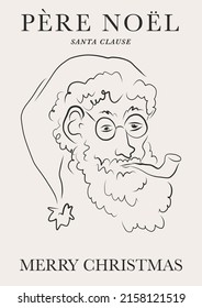 Vintage Santa Claus portrait in glasses with tobacco pipe linear sketchy drawing vector illustration. Santa face holiday season poster for xmas decor and card making. Merry Christmas gift ideas.