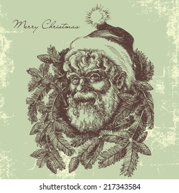 Vintage Santa Claus sketch portrait, Christmas card in old fashioned style