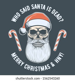 Vintage Santa Claus skull with christmas hat and two candy canes. Realistic vector illustration