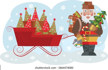 vintage Santa Claus with sleigh full of trees