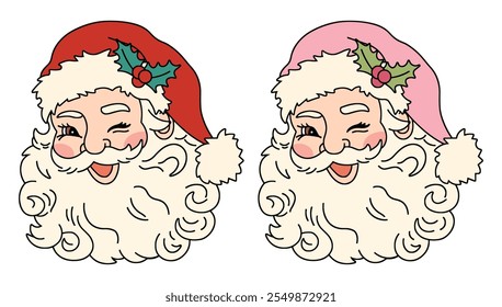 Vintage Santa Claus Winking, Red And Pink Hats Vector Illustration.