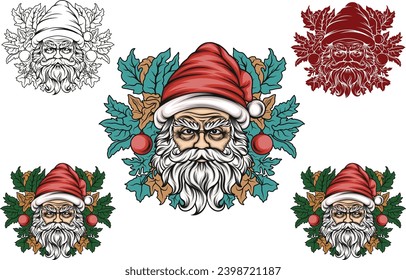 Vintage Santa Face with Flower illistarion, Old school father christmas, Christmas shirt, Santa Head, Silhouette Cut Files