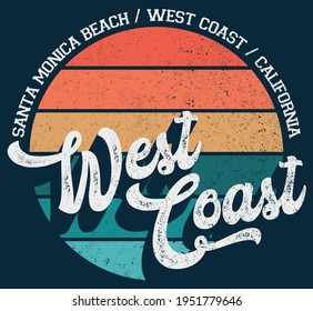 Vintage santa monica beach west coast california slogan print with grunge texture for woman - girl tee t shirt or sweatshirt