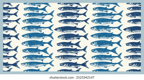 Vintage Sardinhas Peixes Vida Marinha Peixes Padrão Sem Costura Vetor Animal Ilustração